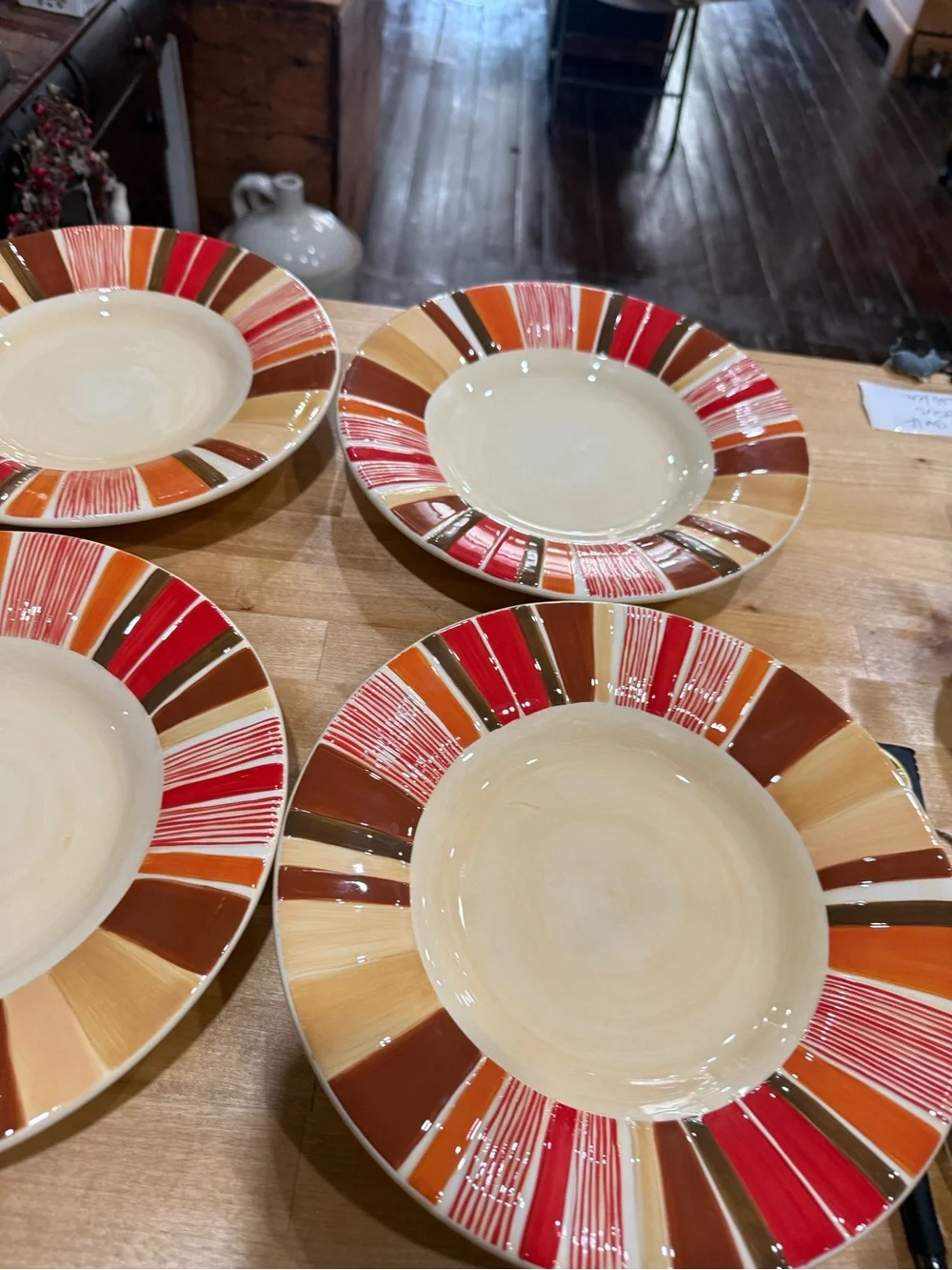 Set Of 4 Pottery Barn STRIPED SAUSALITO Brown Orange 10.25” Salad Plates